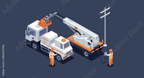 Isometric utility workers operating lift truck for maintenance on power lines