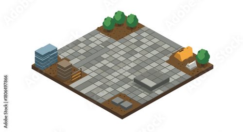 Isometric construction site with paving and equipment in a small urban scene