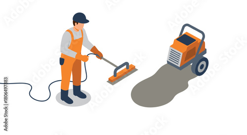 Construction worker using power trowel with concrete leveling machine in isometric style