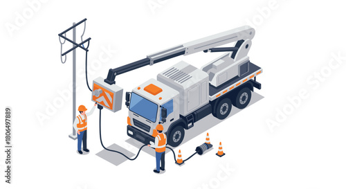 Isometric utility truck with workers repairing power lines