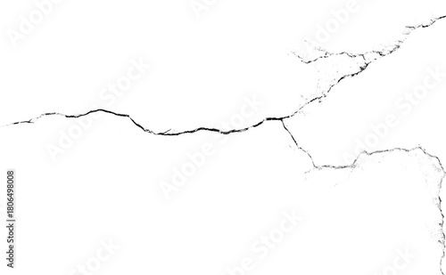 Macro close-up of single crack splitting into two branches isolated on transparent png