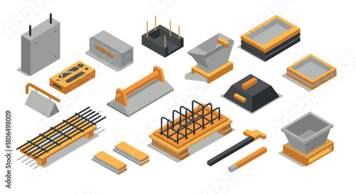 Isometric construction tools set modern 3d equipment and building supplies in yellow and gray