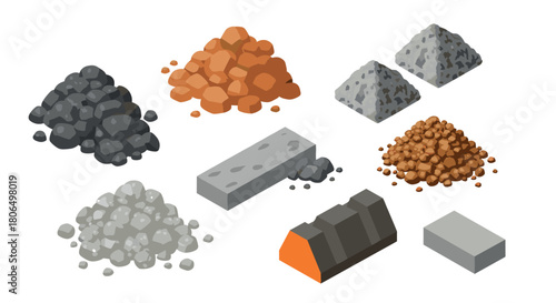 Isometric collection of building materials gravel, sand, rocks, bricks, and concrete