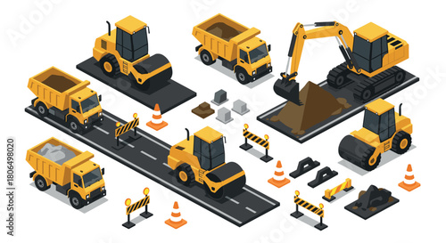 Construction machinery and equipment in isometric style for roadworks projects