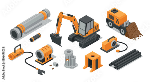Isometric construction equipment set with heavy machinery and tools