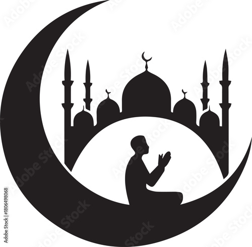 Islamic Prayer Silhouette with Crescent and Mosque”