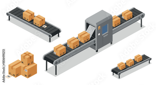 Isometric warehouse conveyor system with cardboard boxes on automated belts