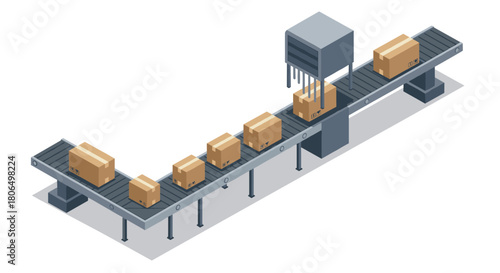 Isometric conveyor belt with moving packages in modern industrial setting