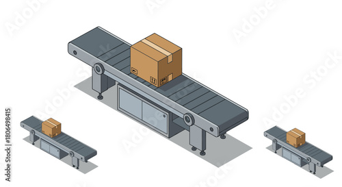 Automated conveyor system with cardboard box in isometric style