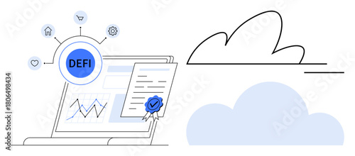 Laptop displaying financial analytics linked to decentralized finance hub with connected icons, certification, and cloud storage. Ideal for digital economy, finance, cryptocurrency, security