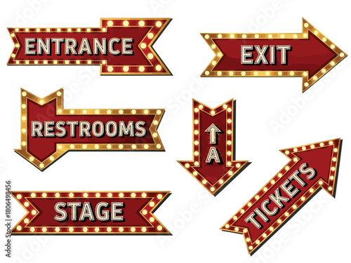 A collection of vintage red marquee light signs indicating various directions like entrance, exit, and stage.