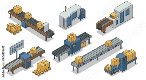 Automated isometric conveyor system with packaging boxes and machinery
