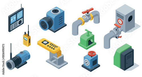 Industrial equipment isometric icons collection for engineering and manufacturing design