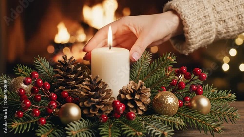 Womans hand lighting candle festive holiday decoration