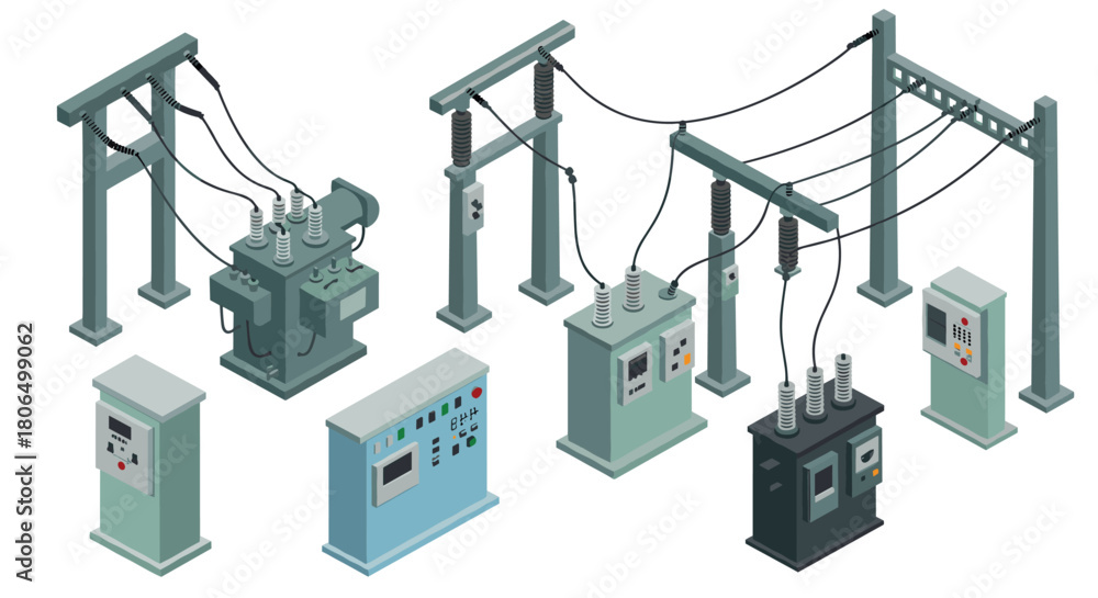 Fototapeta premium Isometric power substation with transformers and control panels in modern design