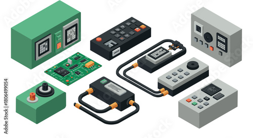 Isometric industrial control panels and circuit boards for tech enthusiasts