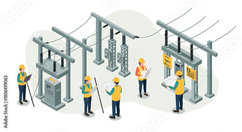 Engineers inspecting electrical substation in isometric style for safety and maintenance