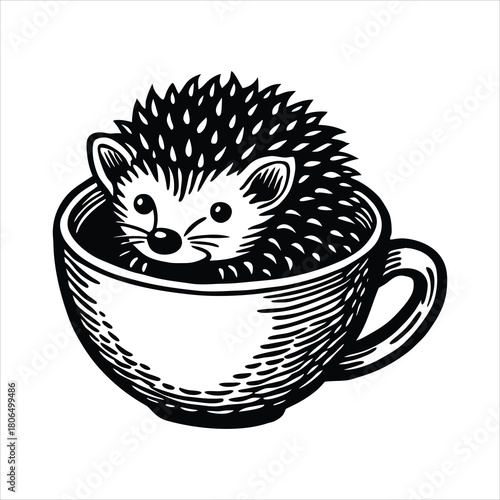 Baby hedgehog inside a teacup smiling  white background