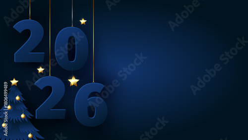 New year 2026 card with digits, christmas tree and gold shining stars on navy background