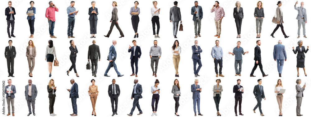 Obraz premium Set of business people in various actions on isolated background. Businesspeople, businesswomen, businessmen office worker in full body length studio professional shot in casual and formal wear