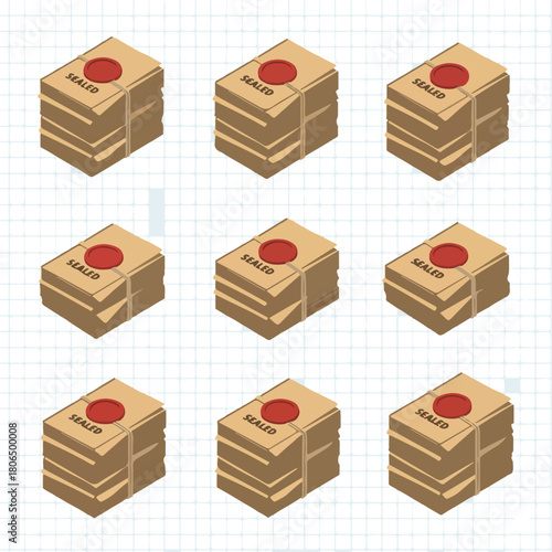 Vector set of 8 detailed view of a stack of sealed indictments, isometric vector illustration, official brown paper and string.								
	