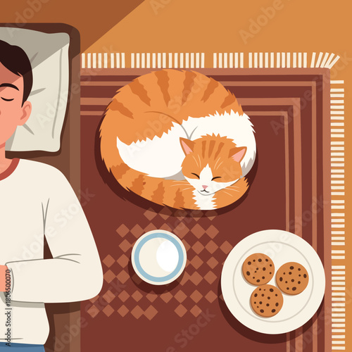 Sleeping man with cat, milk, and cookies in a cozy home illustration