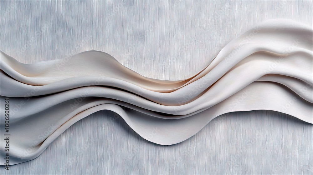 Obraz premium A soft, flowing wave of light-colored fabric drapes across a textured, light gray background, creating an abstract and elegant composition.