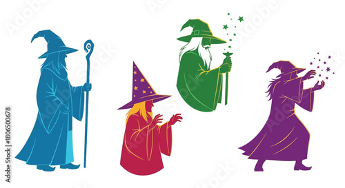 Colorful silhouettes of three wizards casting spells with magical staffs