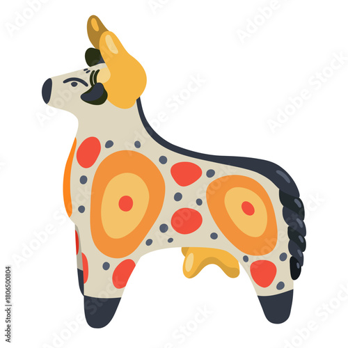 Sculpture of Dymkovsky toy. Cow, bull, buffalo, taurus. Russian toys. Folk creation.