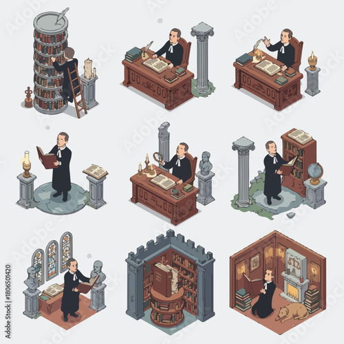 Vector set of 8 judge meditating quietly in chambers before a major case, calm isometric vector illustration, soft lighting.								

