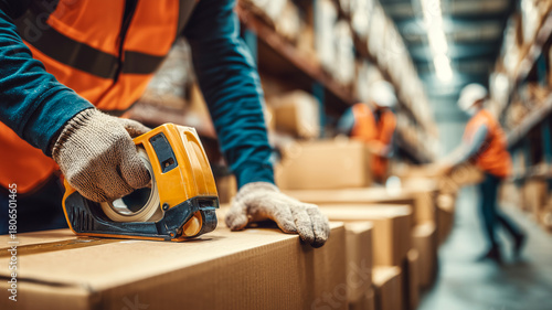 Wallpaper Mural Warehouse worker sealing cardboard boxes with tape dispenser. Logistics and shipping concept with people in safety vests working in distribution center. Industrial and delivery background Torontodigital.ca