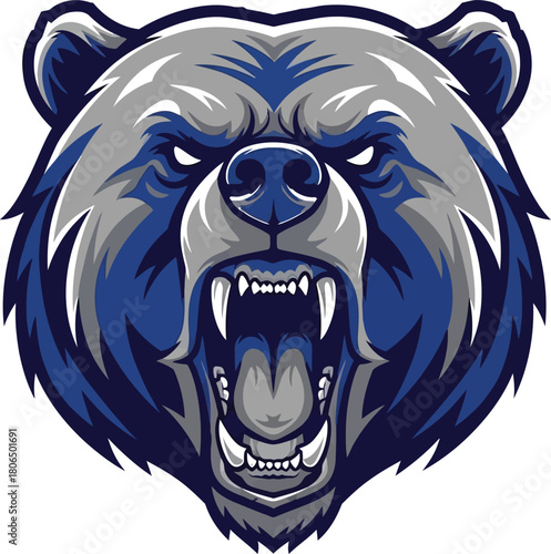 Illustration of ferocious grizzly bear head roaring isolated on for mascot logo