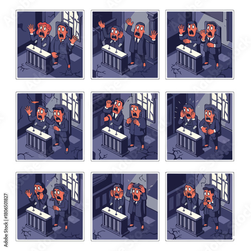 Vector set of 8 stylized judge contemplating a difficult ethical decision, introspective and quiet isometric art.		
