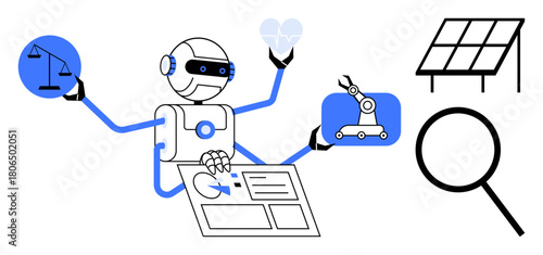Humanoid robot multitasking with scales of justice, solar panels, AI interface, and magnifier. Ideal for automation, sustainability, machine learning, ethics, research robotics futuristic tech