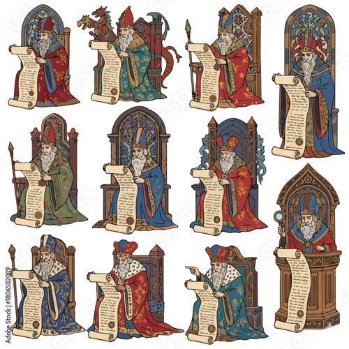 Vector set of 8 judge reviewing a long list of character witnesses, close-up isometric perspective, detailed list view.								
							
