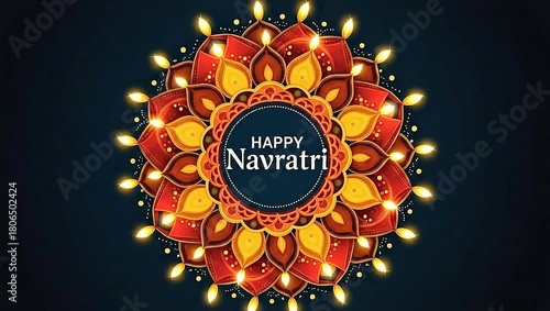 Happy Navratri Festival Celebration with Decorative Mandala and Glowing Lamps.
