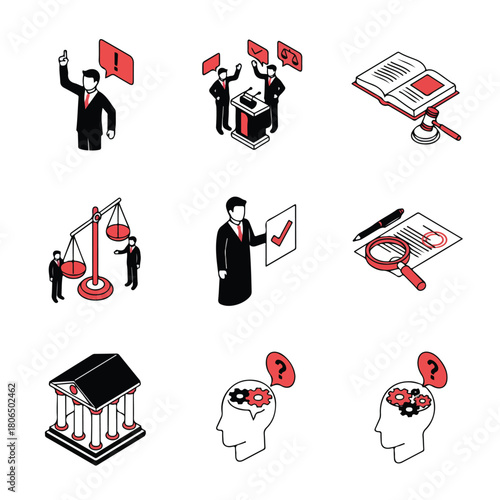 Vector set of 8 lawyer preparing an appeal brief, surrounded by highlighted documents, focused isometric vector illustration.								
