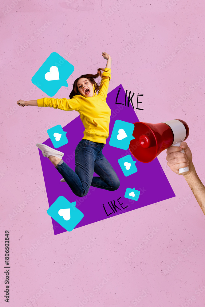 Naklejka premium Collage of crazy jumping influencer like icon with heart symbolizing internet popularity social media trends