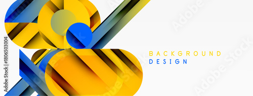 Abstract geometric shapes overlap, creating dynamic visual effect. Yellow, blue tones dominate white space. Modern design element.