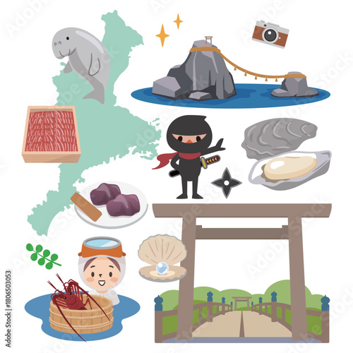 三重県の名物と観光地のアイコンセット 伊勢志摩の特産品ベクターイラスト