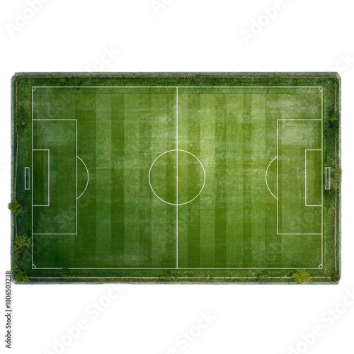 Top down view of empty soccer field or football pitch with green grass
