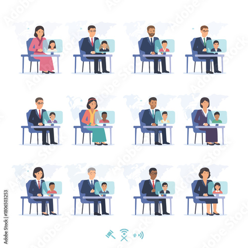 Vector set of 8 prosecutor conducting a virtual interview with an overseas witness, globalized legal system.		