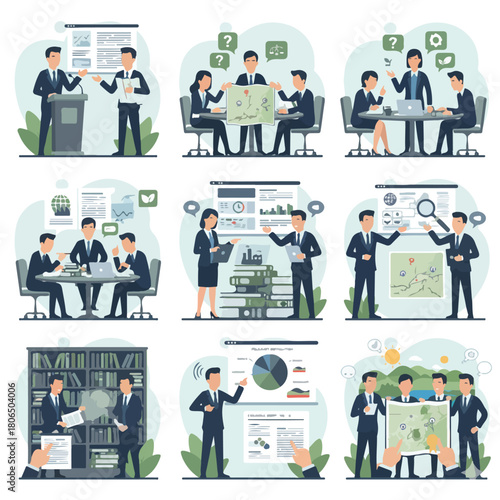 Vector set of 8 lawyer presenting a technical patent case using diagrams, precise and detailed isometric illustration.								
