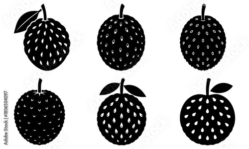 Collection of six stylized black silhouette soursop fruits with leaves and textured surface design