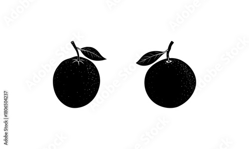 Two stylized black plums with leaves isolated on a white background in a simple, graphic illustration