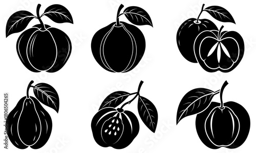 Illustration of six black and white guava fruits with leaves in various states of wholeness and sectioning