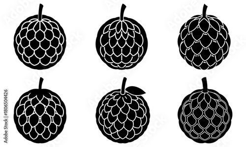 Illustration of six sugar apples in black and white with varying scale patterns on the surface design
