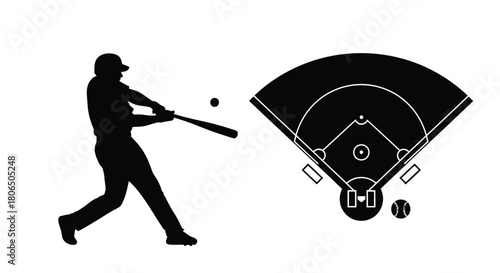 Baseball player swinging at pitch with infield diagram illustration