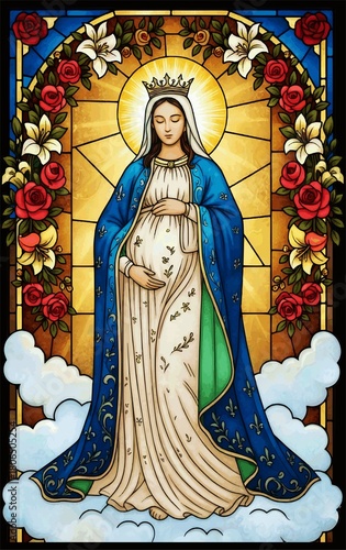 Fotografie Pregnant Virgin Mary Stained Glass Illustration with Blue Mantle Flowers Crown a