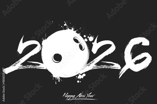 Numbers 2026 and a abstract bowling ball made of blots in grunge style. Design text logo Happy New Year 2026. Template for greeting card, banner, poster. Vector illustration on isolated background